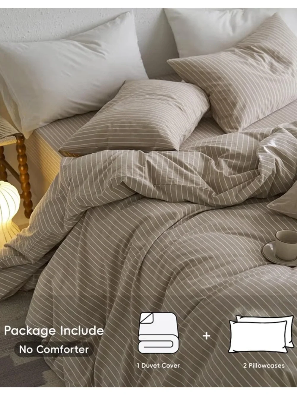 Wide Stripe Tannish Linen Grey & White Bedding Set - Neutral Stripe Comfort